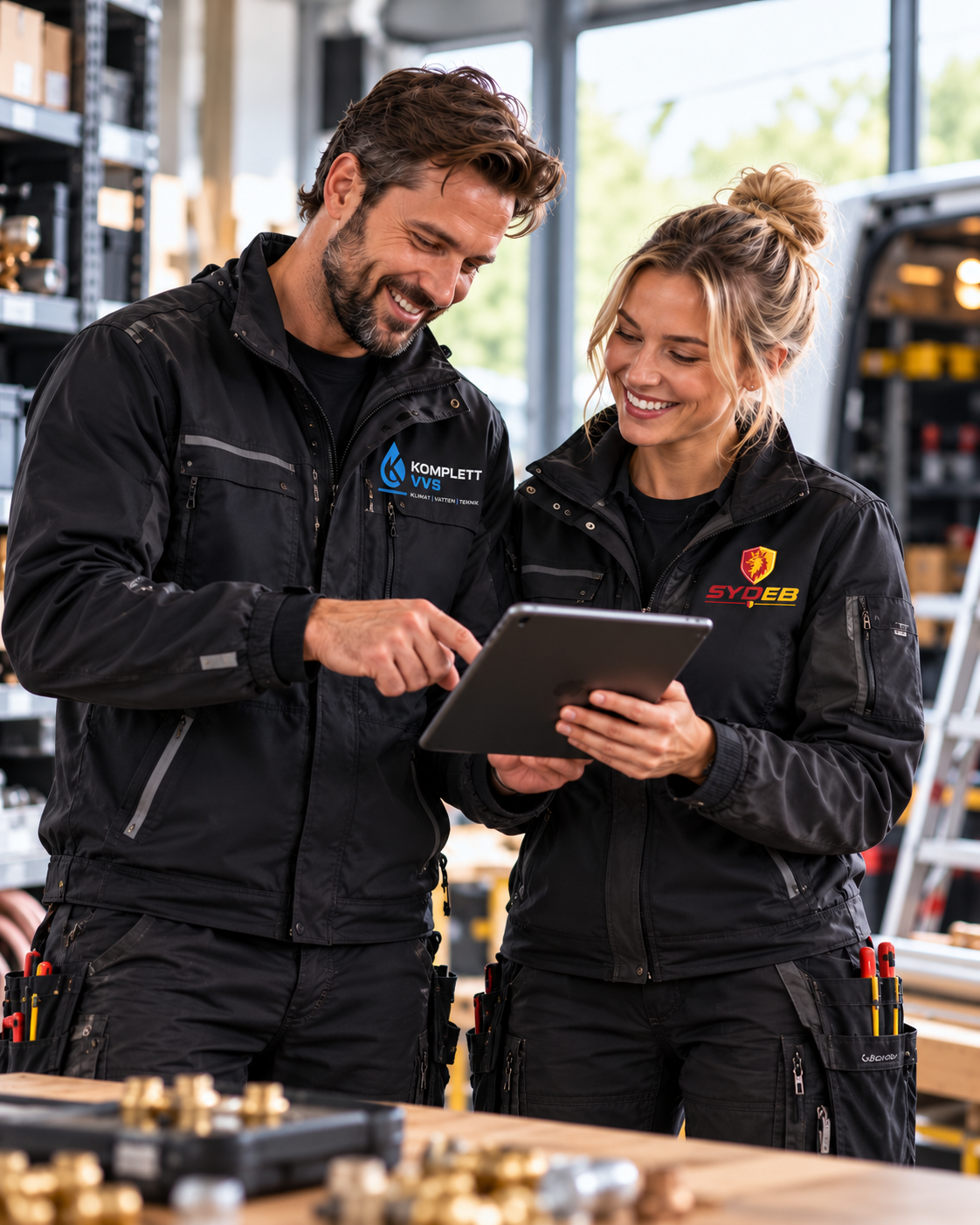 Två VVS-montörer planerar dagens arbete på en surfplatta